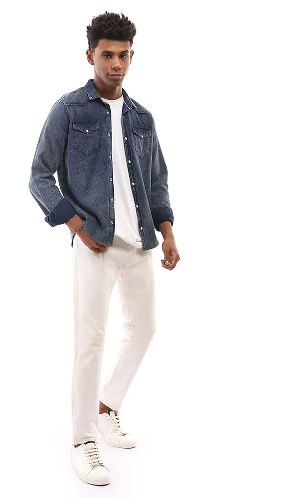 94551 Front Snap Buttons Pique Casual Denim Shirt - Navy Blue