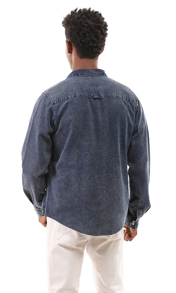 94551 Front Snap Buttons Pique Casual Denim Shirt - Navy Blue