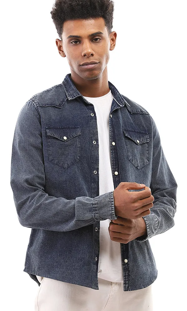 94551 Front Snap Buttons Pique Casual Denim Shirt - Navy Blue