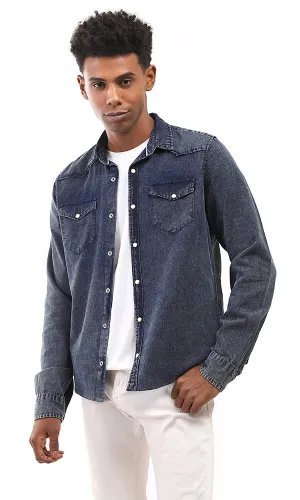 94551 Front Snap Buttons Pique Casual Denim Shirt - Navy Blue