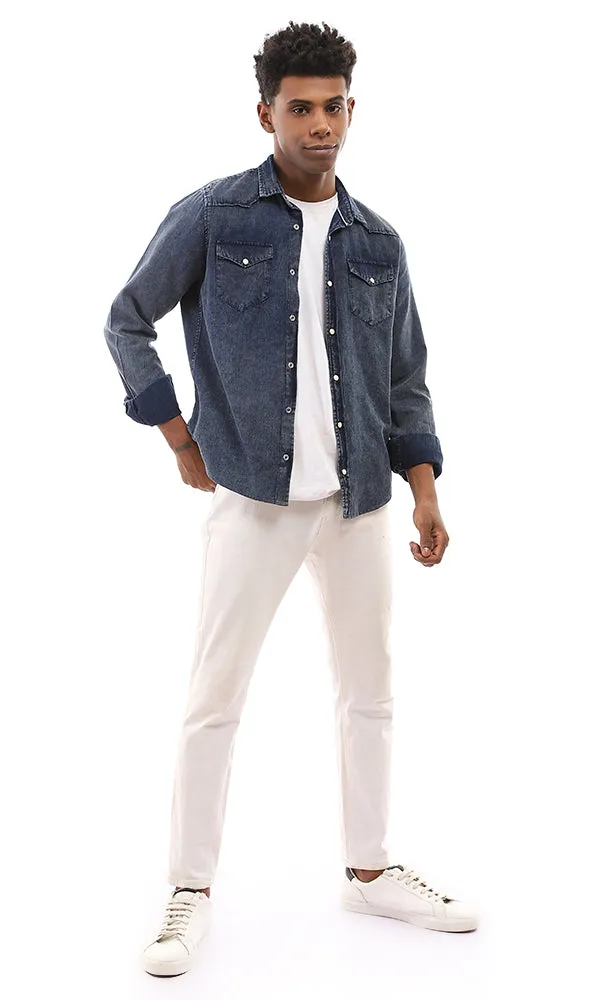 94551 Front Snap Buttons Pique Casual Denim Shirt - Navy Blue