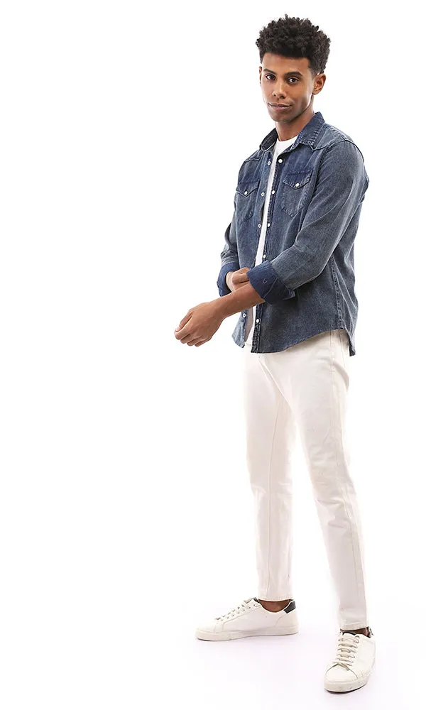 94551 Front Snap Buttons Pique Casual Denim Shirt - Navy Blue