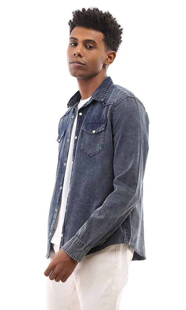94551 Front Snap Buttons Pique Casual Denim Shirt - Navy Blue