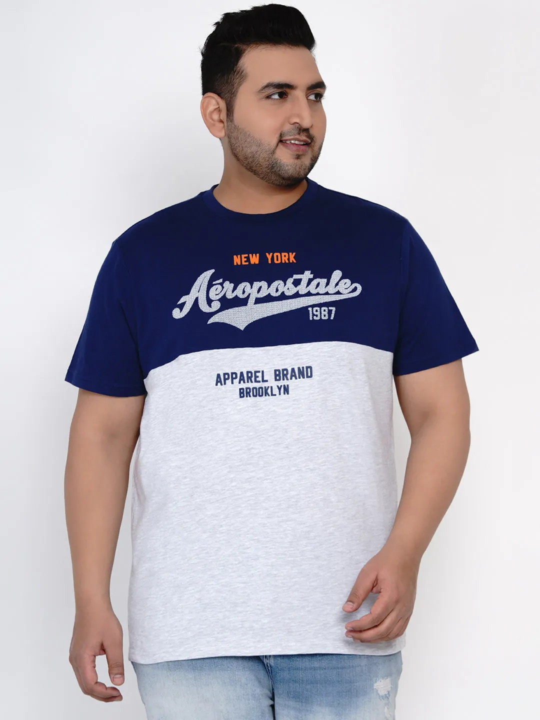 Aeropostale - Men Blue & White Plus Size Pure Cotton Print T-shirts