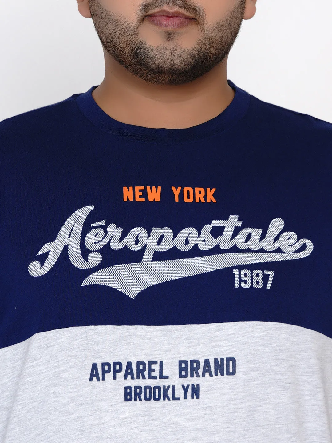 Aeropostale - Men Blue & White Plus Size Pure Cotton Print T-shirts