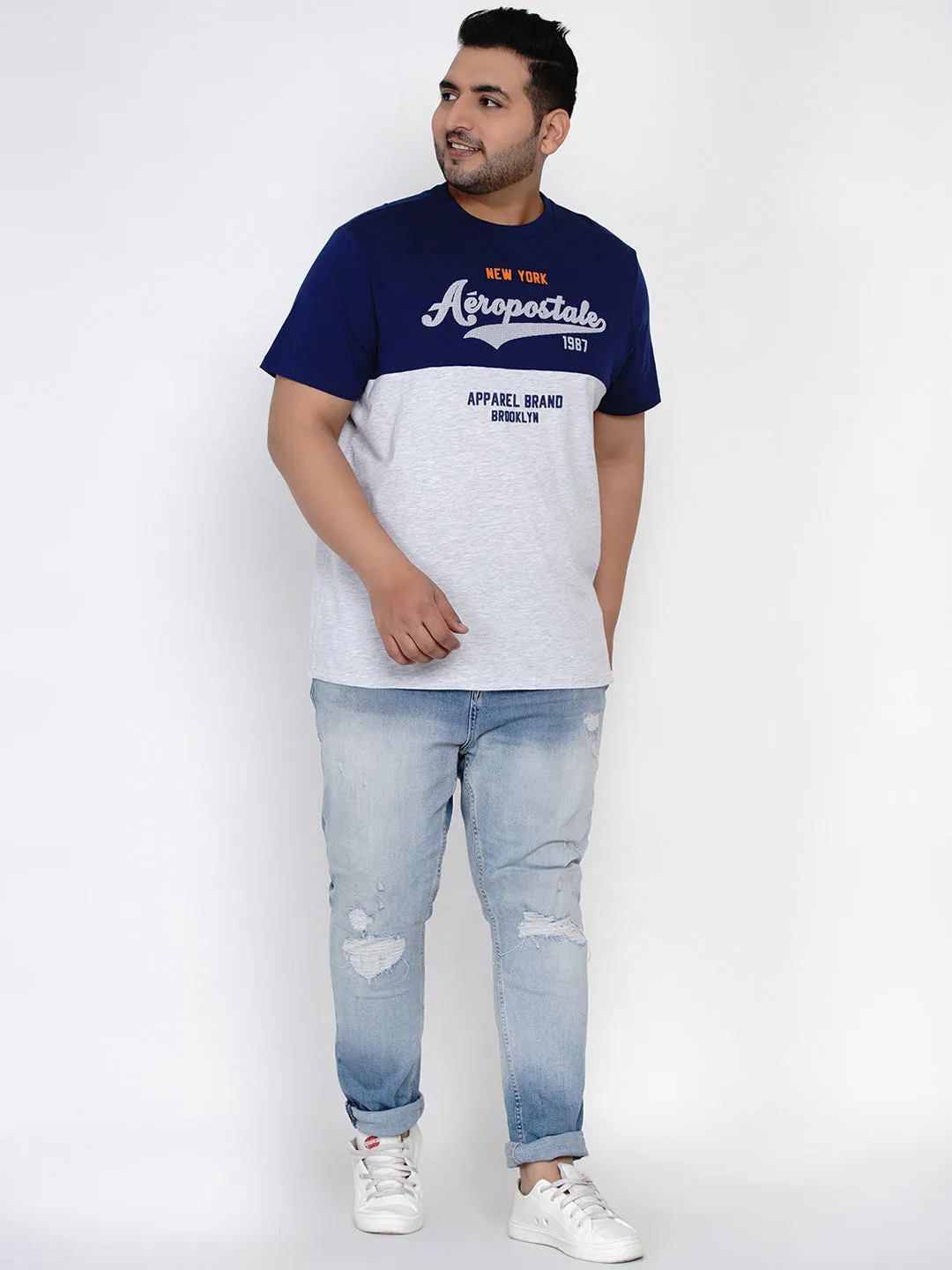 Aeropostale - Men Blue & White Plus Size Pure Cotton Print T-shirts