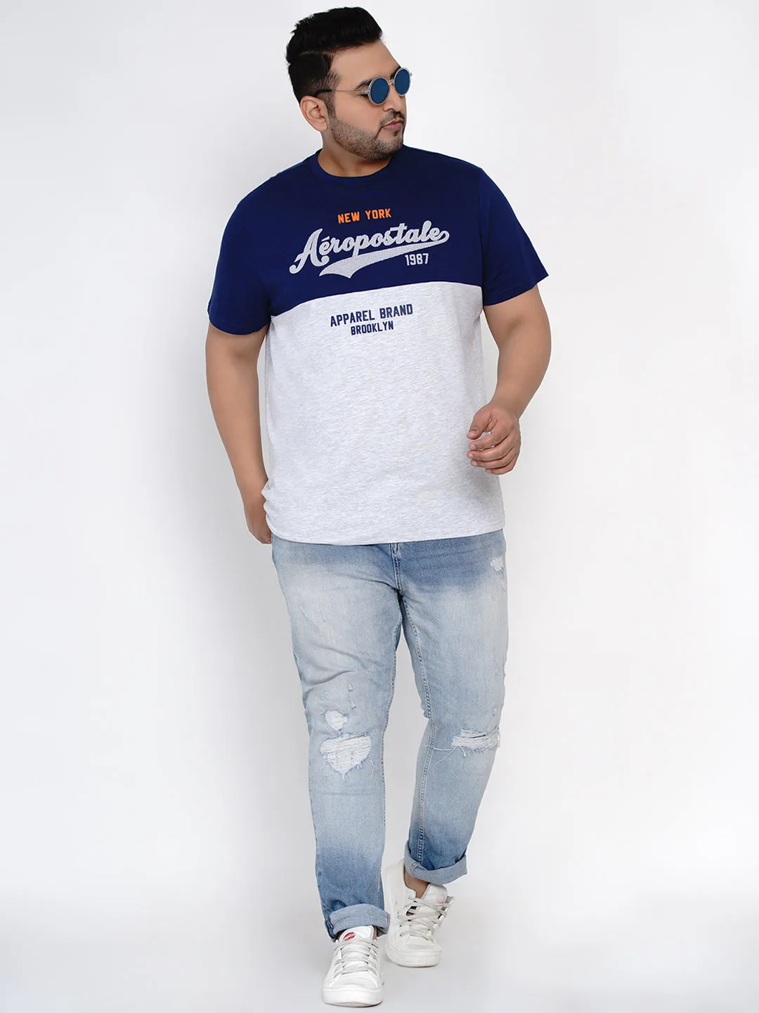 Aeropostale - Men Blue & White Plus Size Pure Cotton Print T-shirts