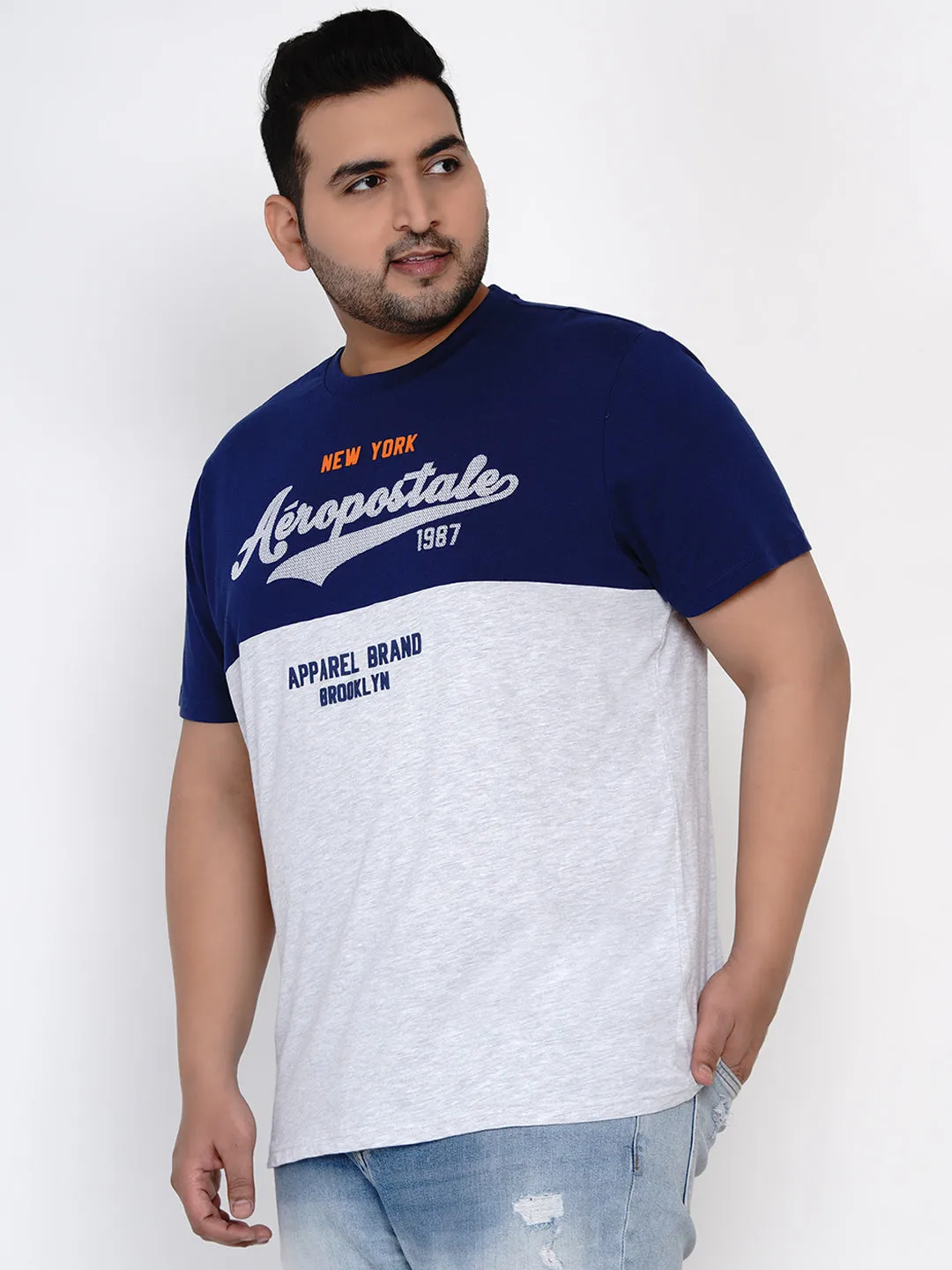 Aeropostale - Men Blue & White Plus Size Pure Cotton Print T-shirts