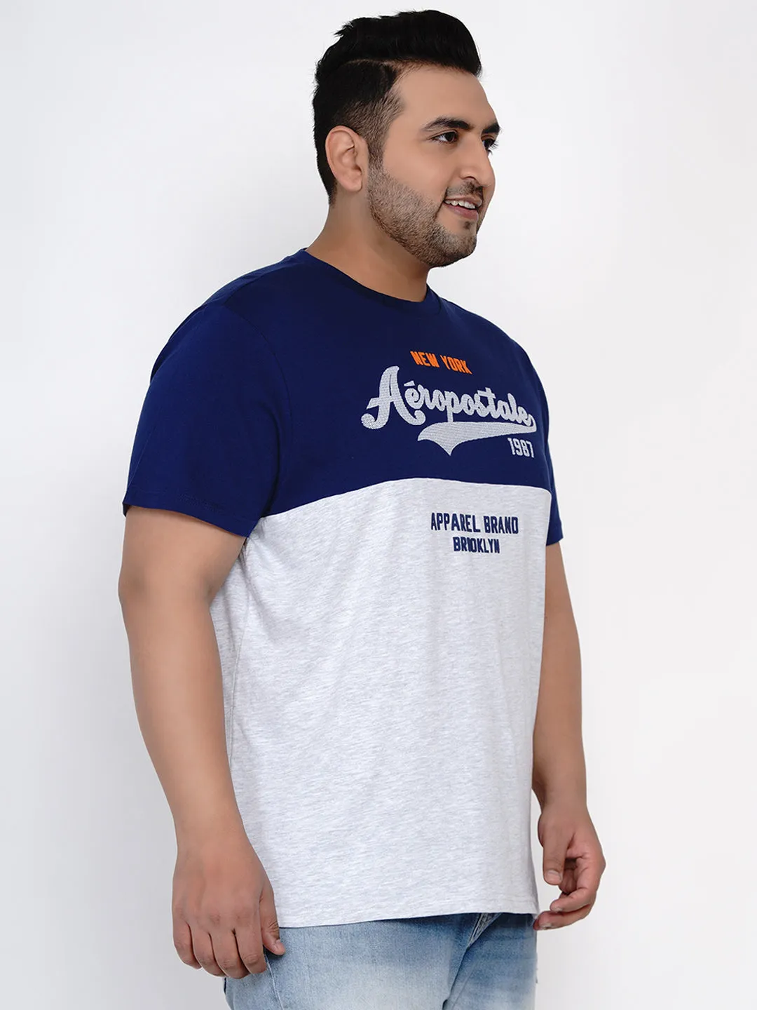 Aeropostale - Men Blue & White Plus Size Pure Cotton Print T-shirts
