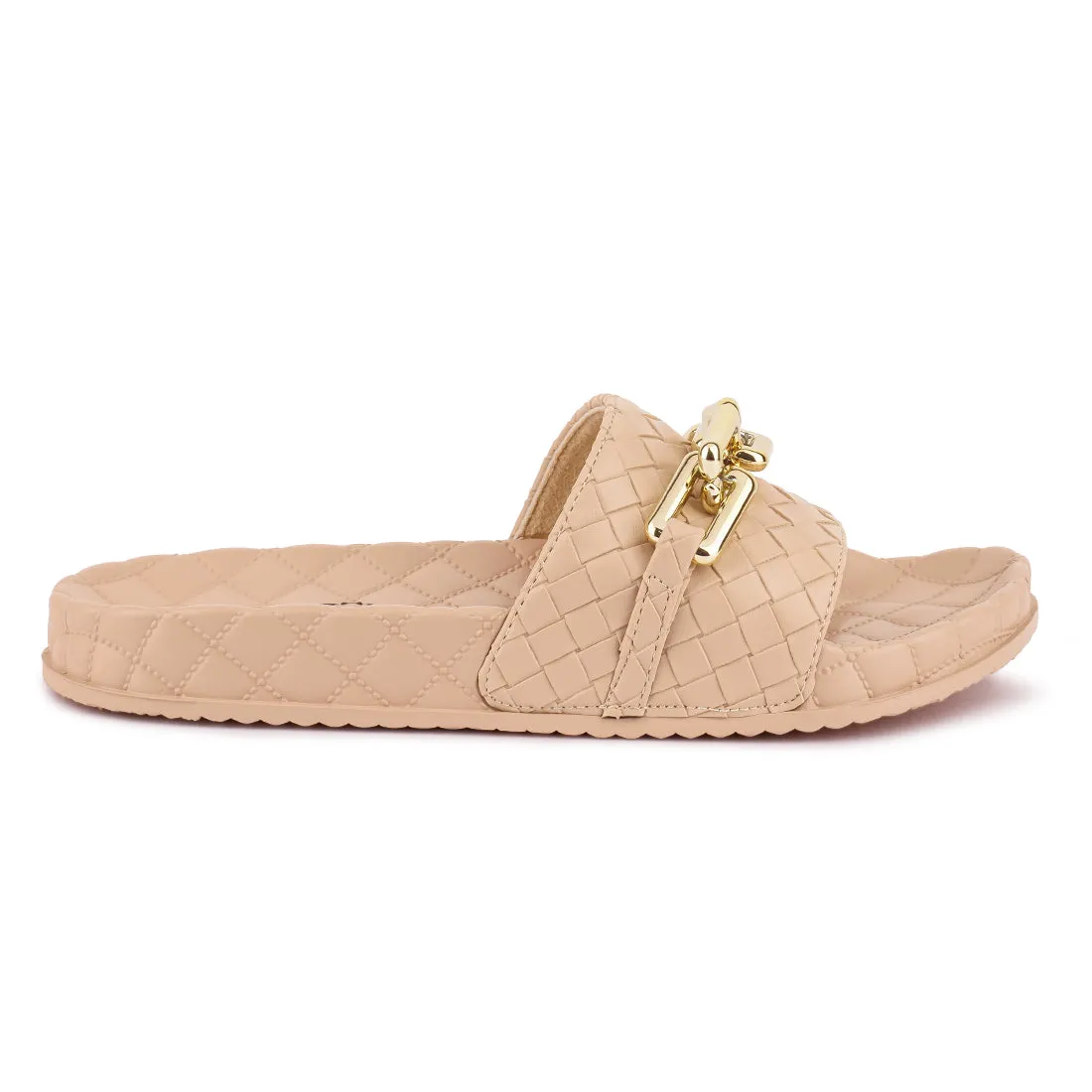 Beige Bling Chain Strap Woven Slip On Flats