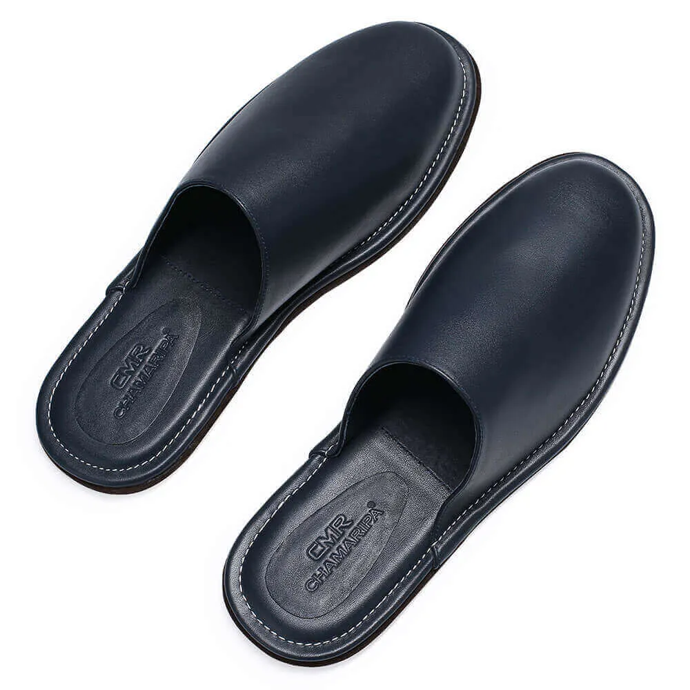CMR CHAMARIPA Nappa Leather Slipper Indoor Mens Luxury Slipper Mens Premium Mule Travel Slippers Navy Blue