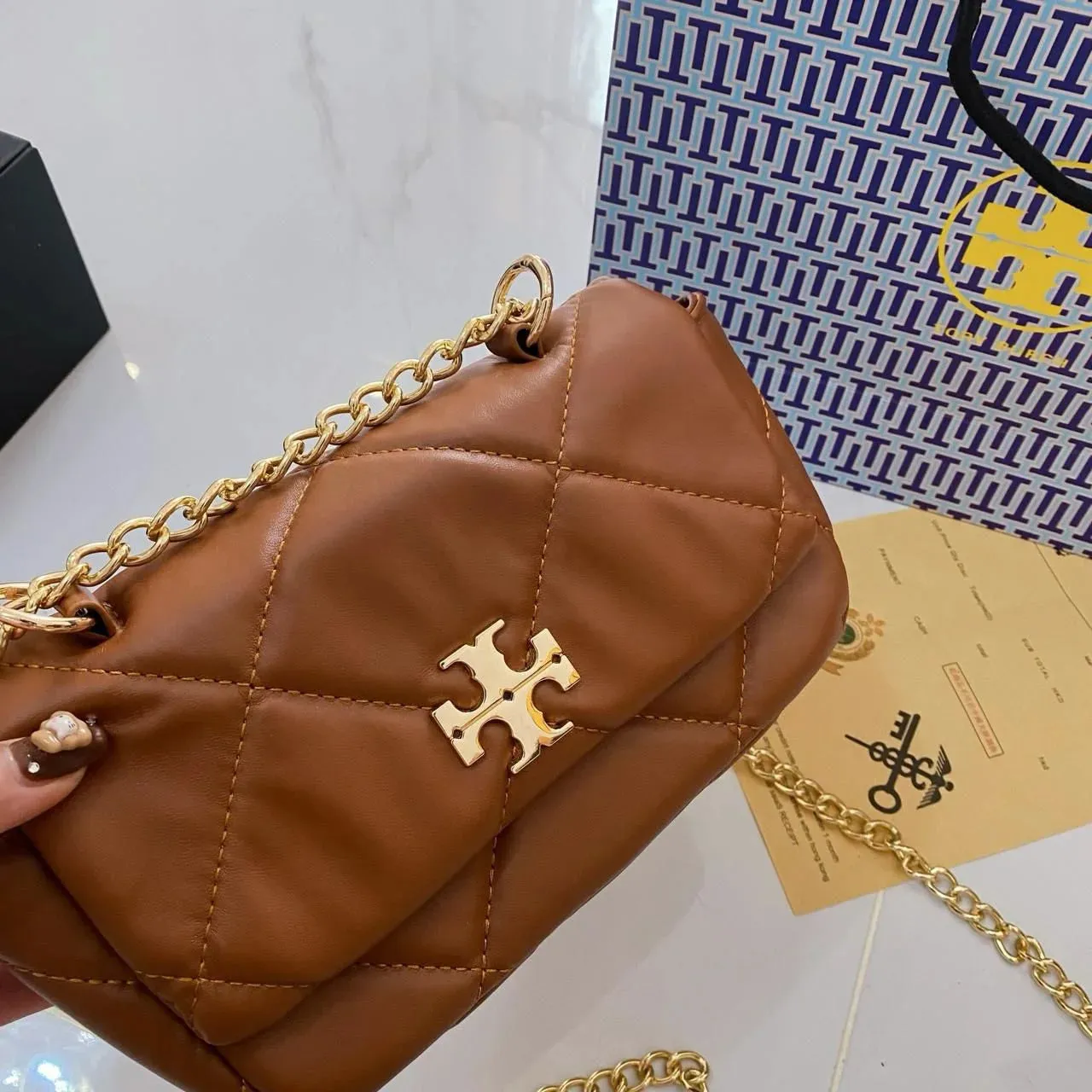 COMBO DEAL - TB CROSS BODY BAG & TB SLIPPERS - BROWN