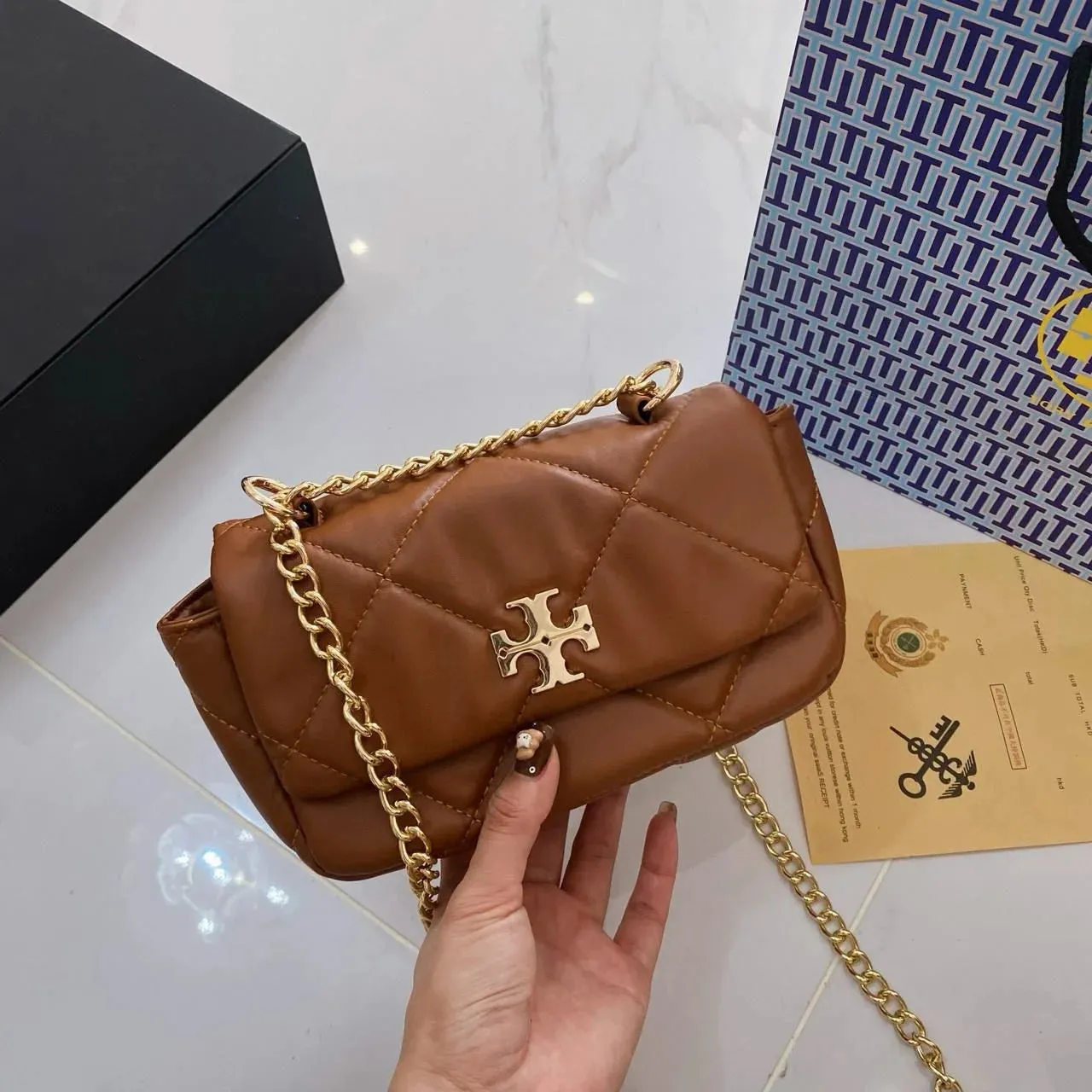 COMBO DEAL - TB CROSS BODY BAG & TB SLIPPERS - BROWN