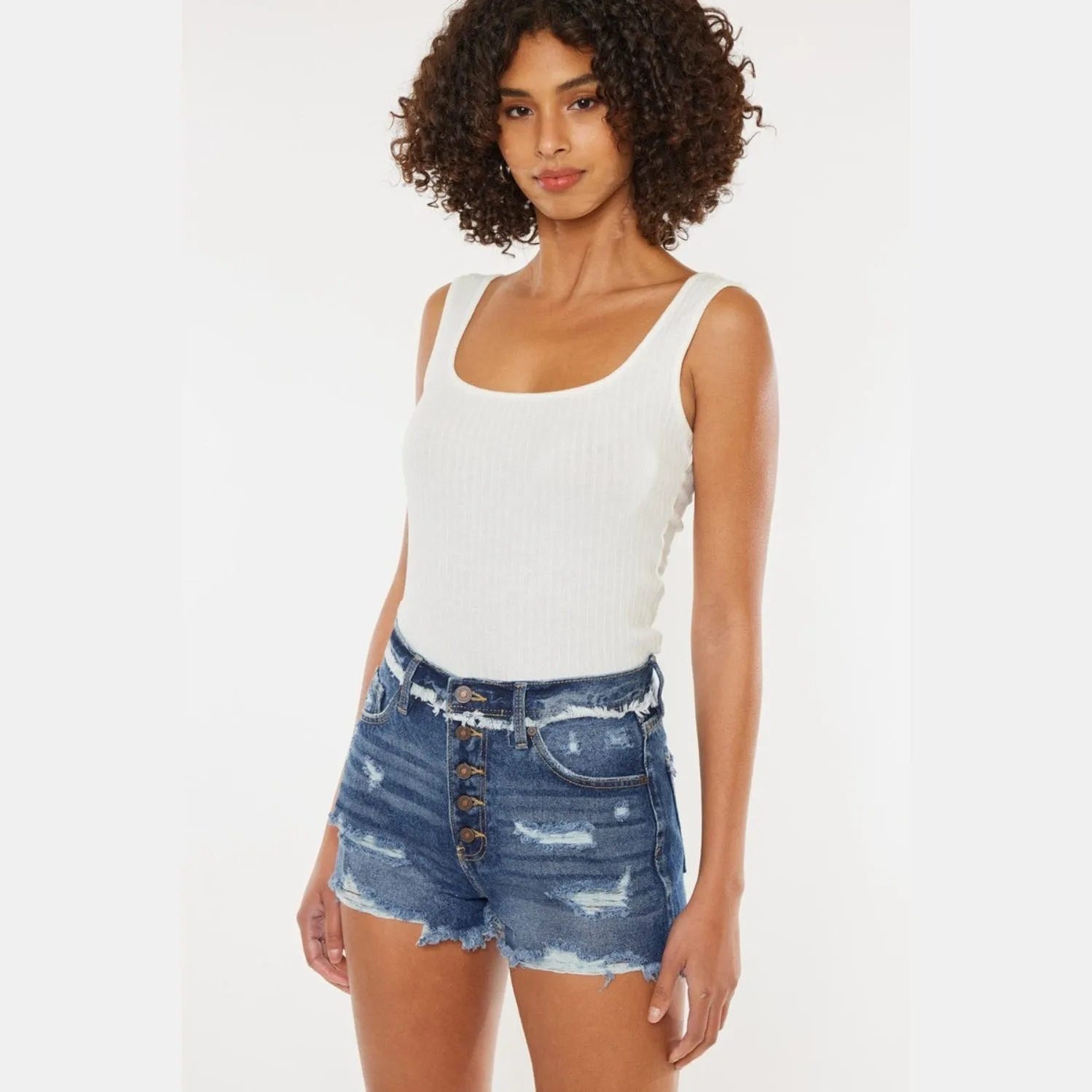 Distressed Button Fly Denim Shorts