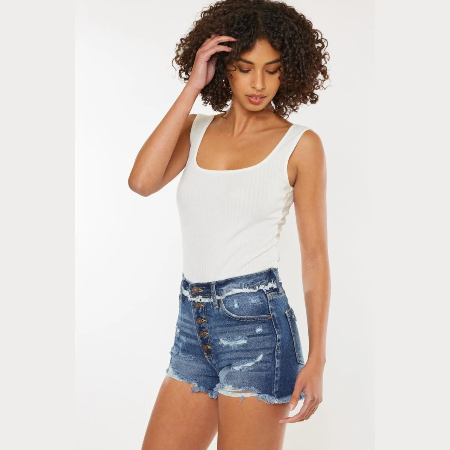 Distressed Button Fly Denim Shorts