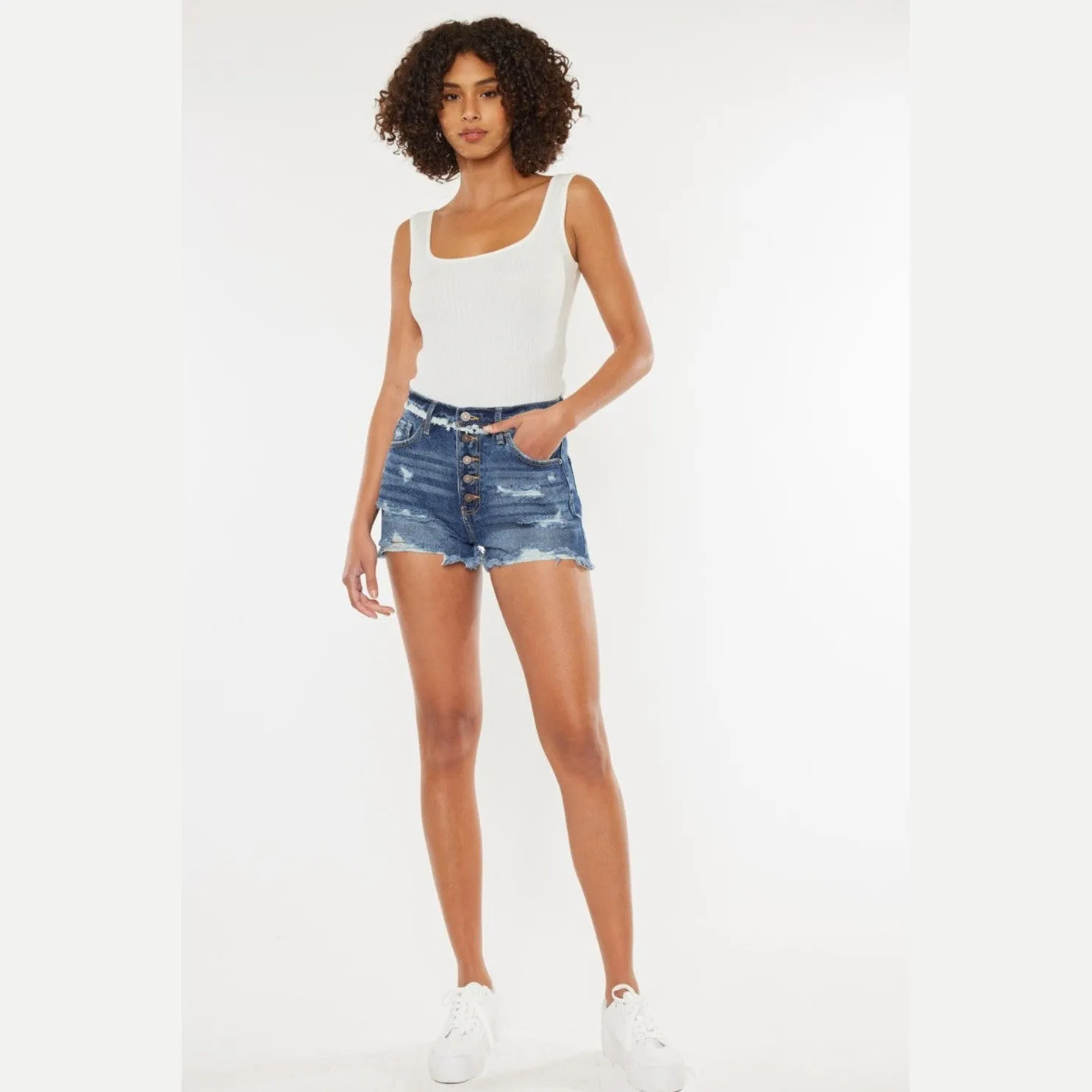 Distressed Button Fly Denim Shorts