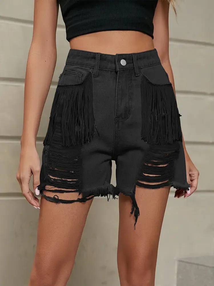 Fringe Washed Denim Shorts