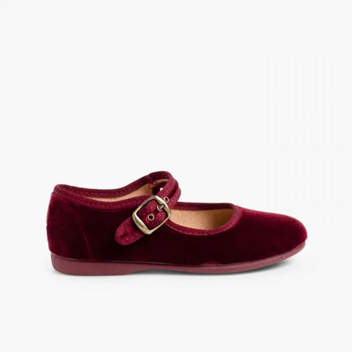 GIRLS BUCKLE UP VELVET MARY JANES BURGUNDY