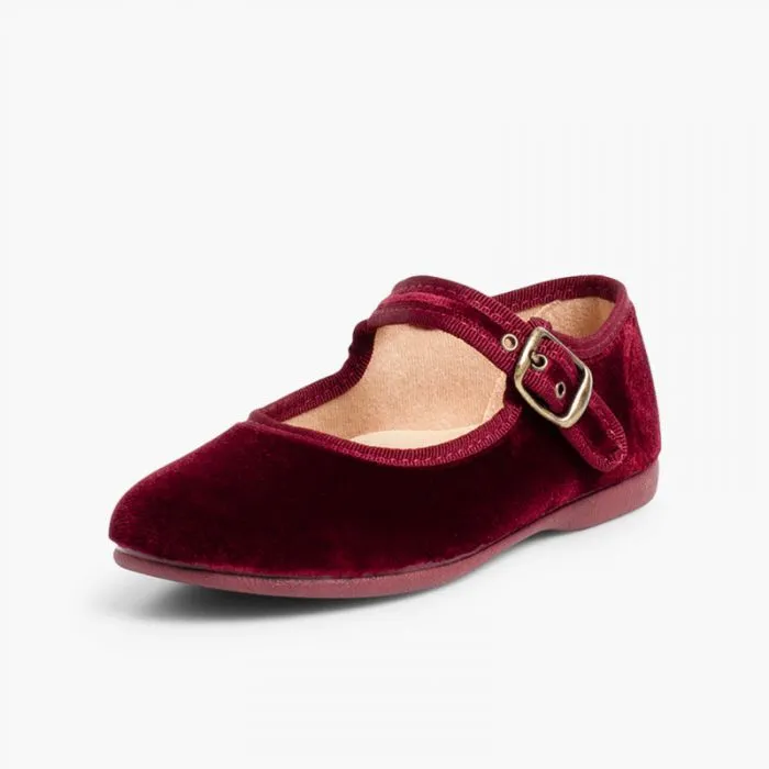 GIRLS BUCKLE UP VELVET MARY JANES BURGUNDY