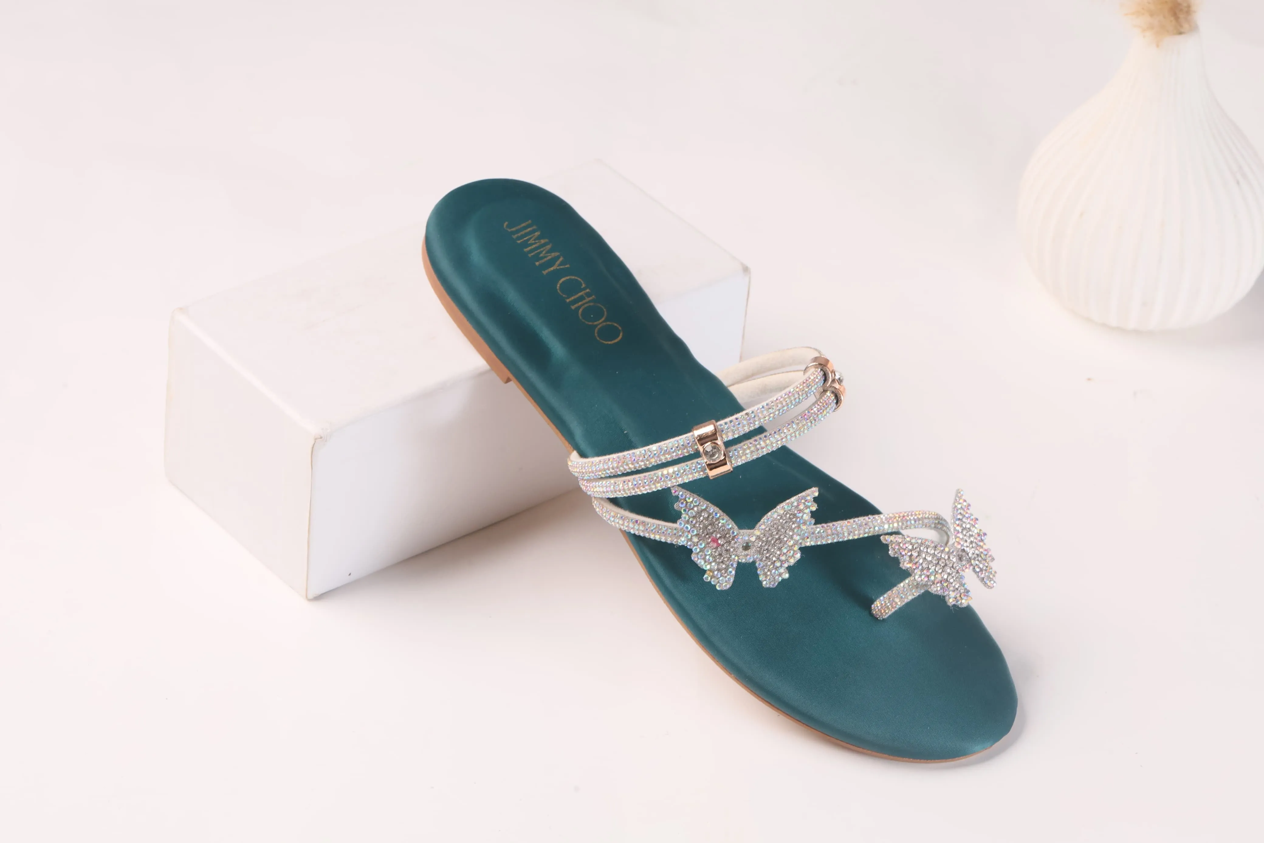 JIMMY CHOO MASH STRAP BUTTERFLY SLIPPERS - GREEN