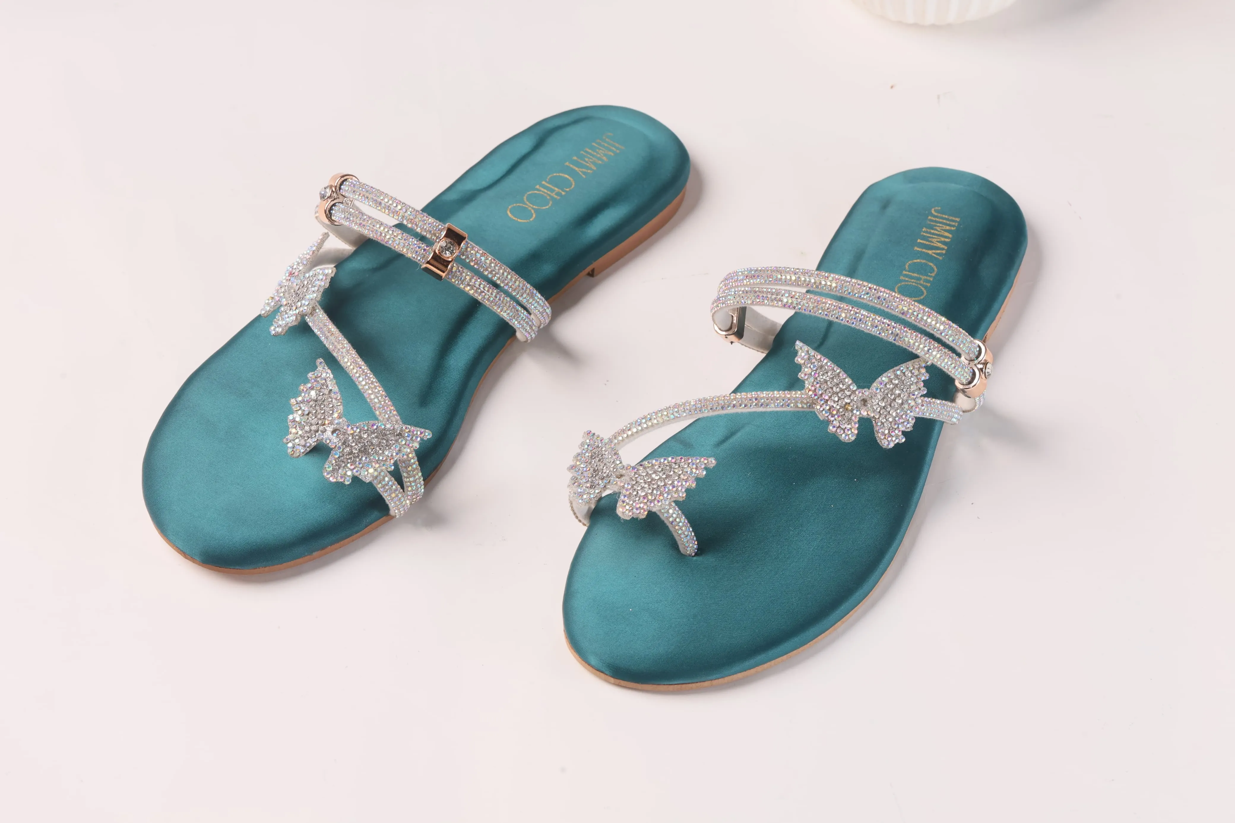 JIMMY CHOO MASH STRAP BUTTERFLY SLIPPERS - GREEN