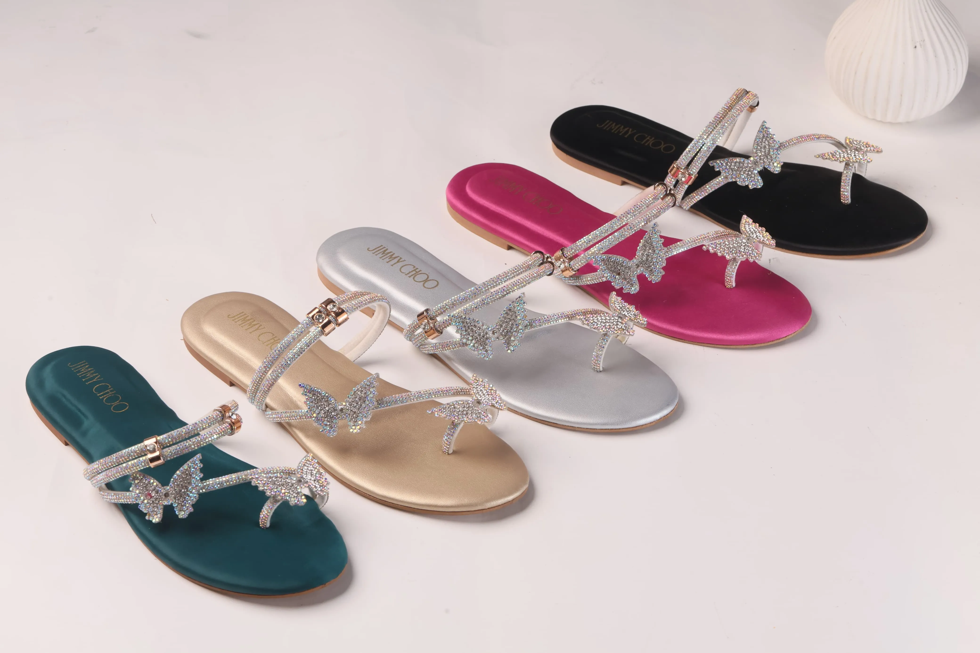 JIMMY CHOO MASH STRAP BUTTERFLY SLIPPERS - GREEN