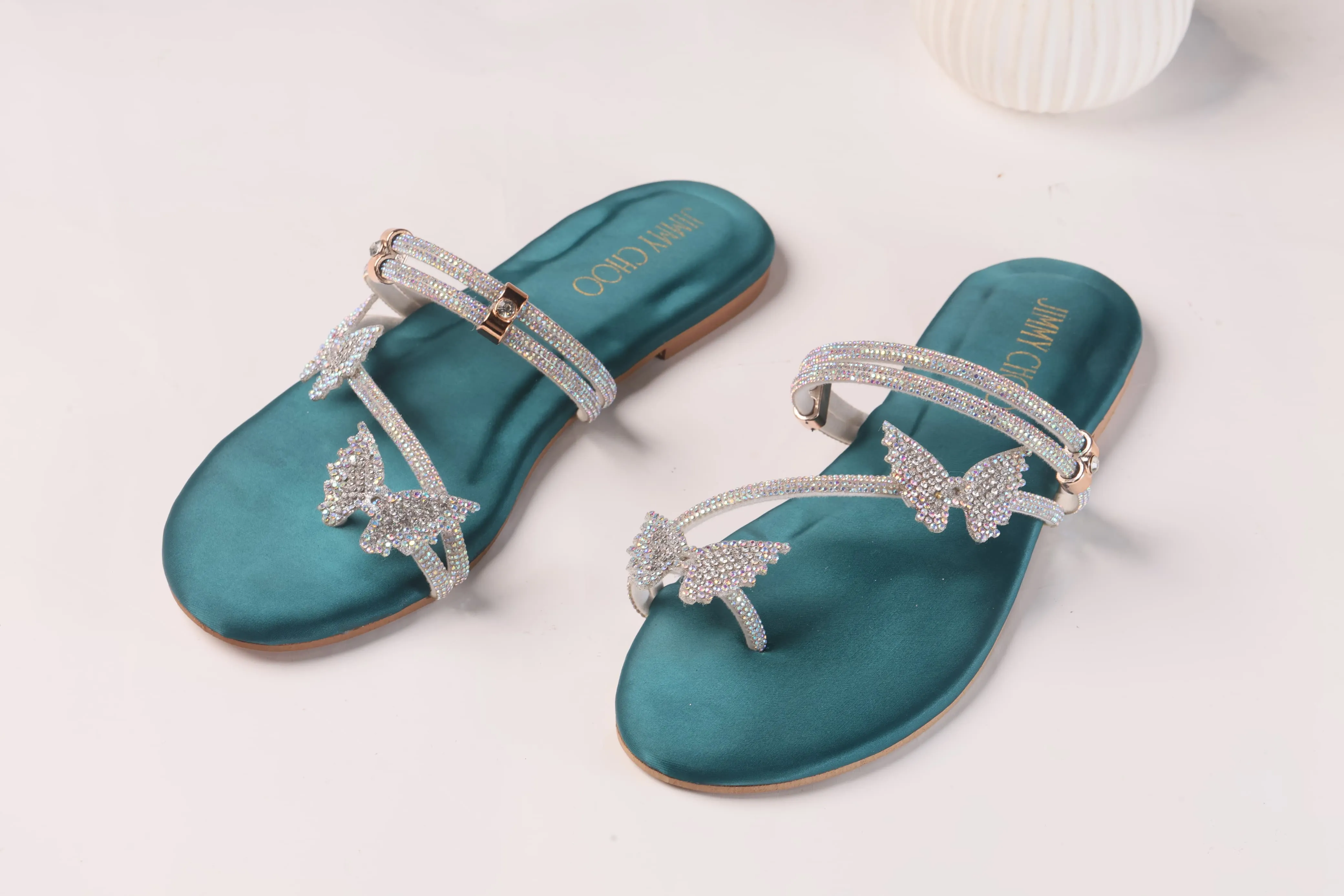 JIMMY CHOO MASH STRAP BUTTERFLY SLIPPERS - GREEN