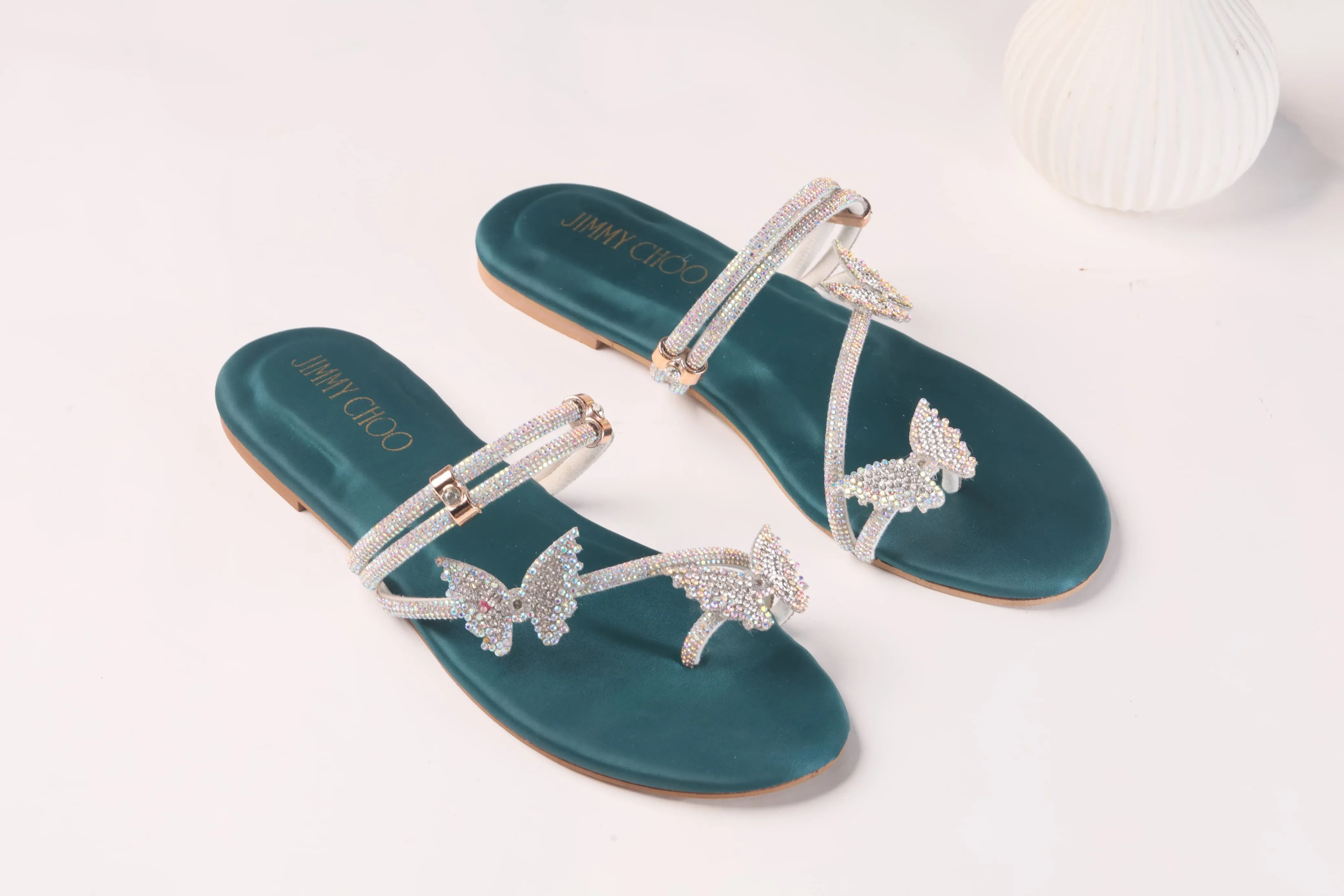 JIMMY CHOO MASH STRAP BUTTERFLY SLIPPERS - GREEN