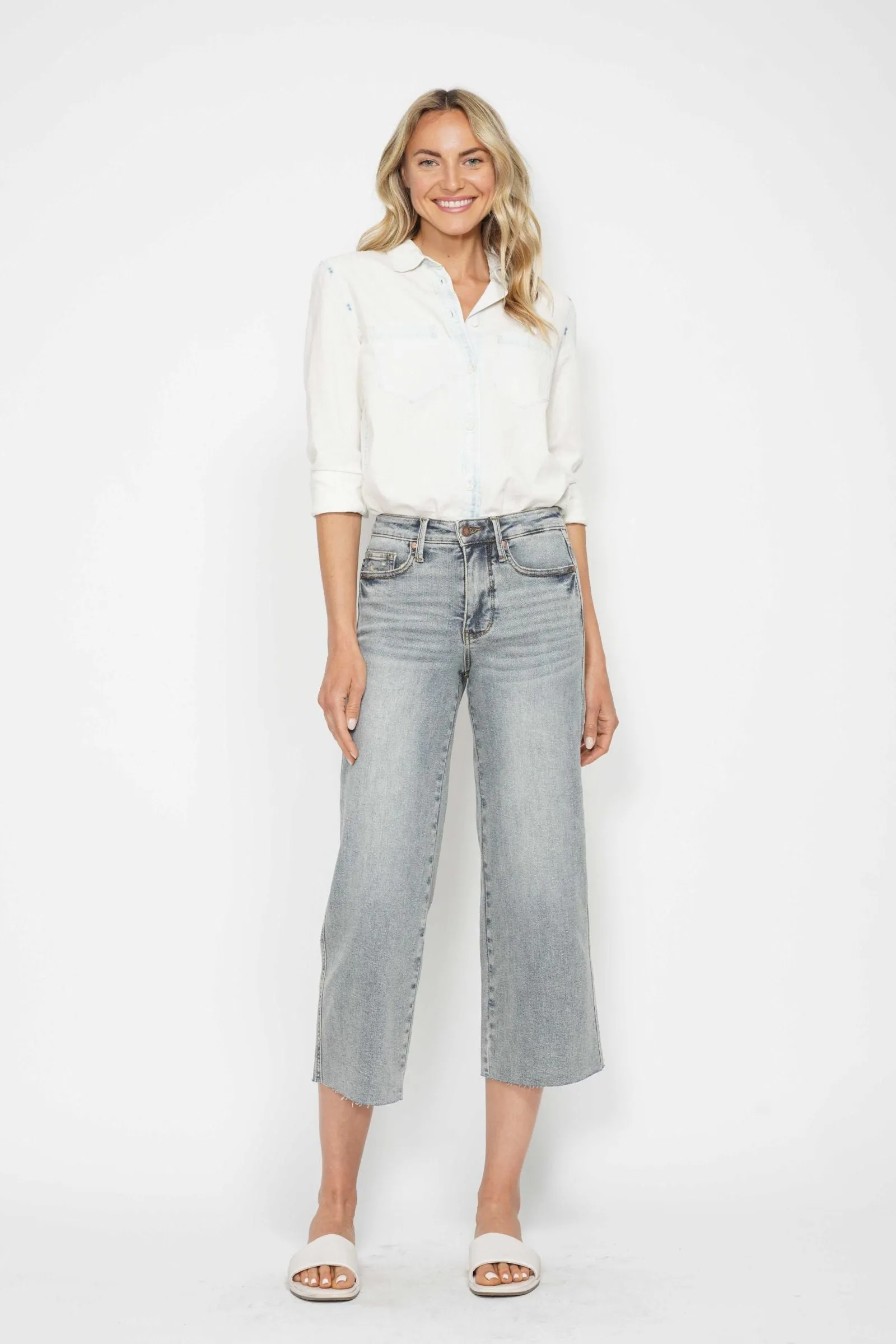 Judy Blue Tummy Control Raw Hem Crop Wide Leg Jeans