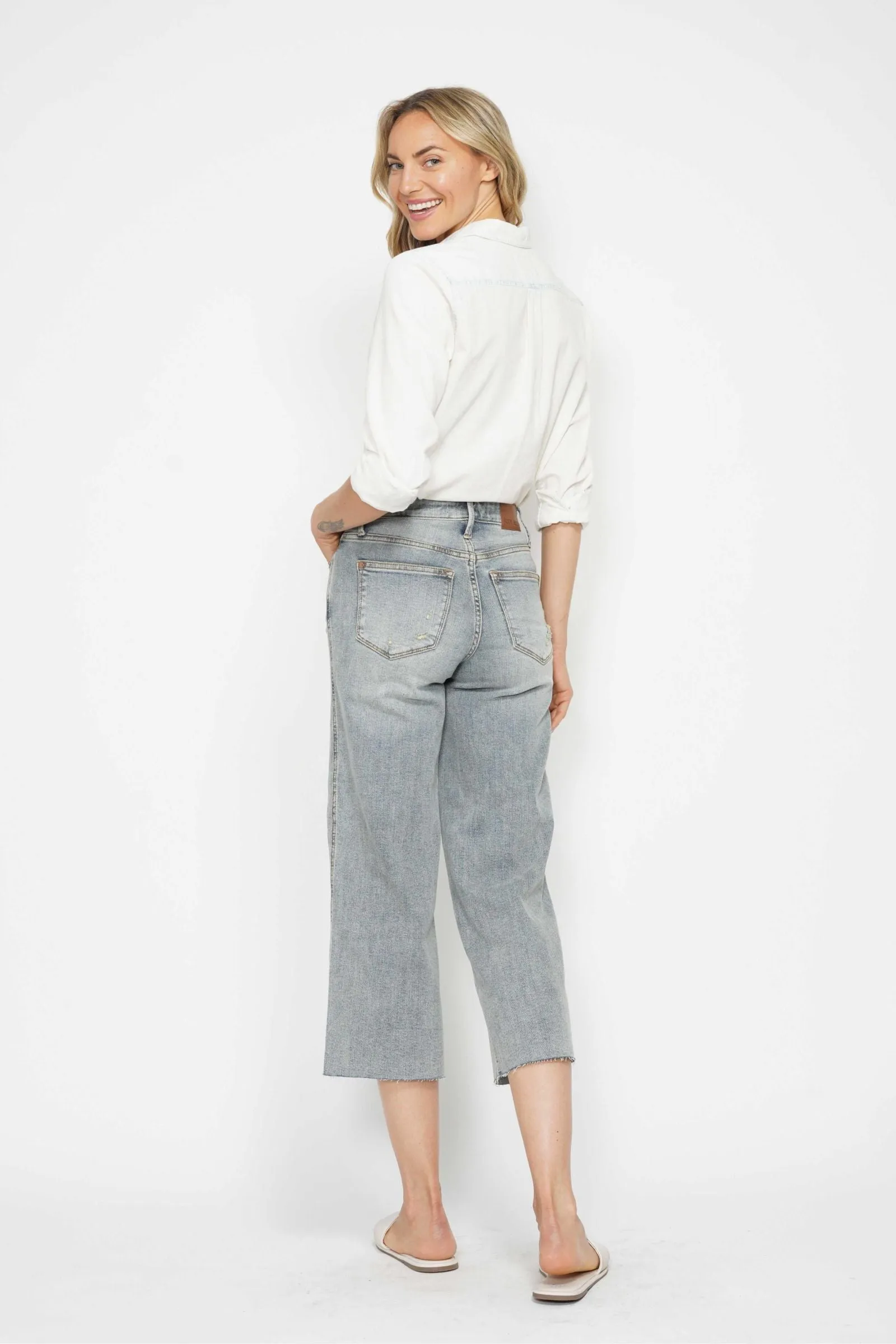 Judy Blue Tummy Control Raw Hem Crop Wide Leg Jeans