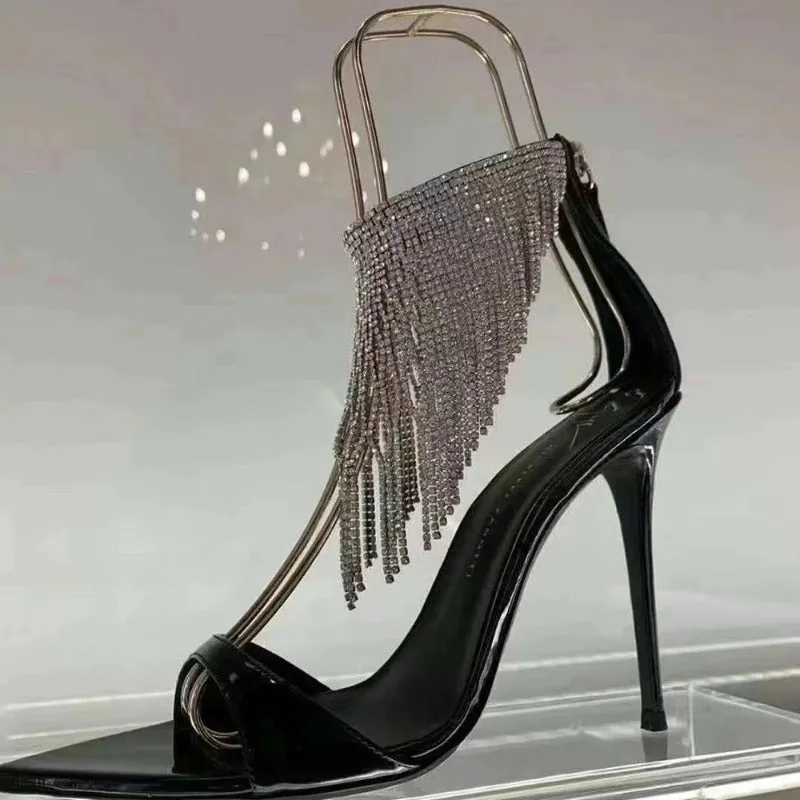 New Arrival Pointed Toe Peep Toe Tassel Rhinestone Party Sandals