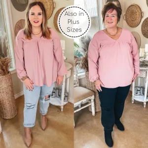 Office Feels Long Sleeve V Neck Babydoll Top in Dusty Pink