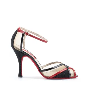 Paoul Voleo Ladies Red Patent, Black Crystal Glitter, and Nude Net Argentine Tango Dance Shoe