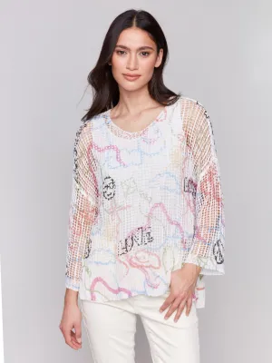 Printed Fishnet Crochet Sweater - Graffiti