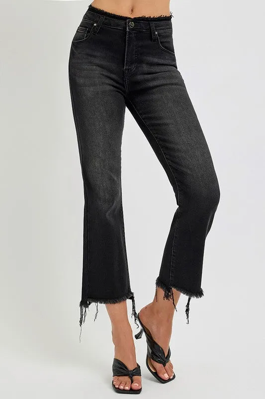 RISEN Raw Hem Cropped Flared Leg Black Washed Denim Jeans