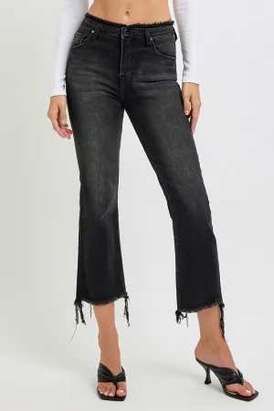 RISEN Raw Hem Cropped Flared Leg Black Washed Denim Jeans
