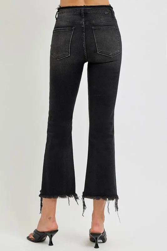 RISEN Raw Hem Cropped Flared Leg Black Washed Denim Jeans