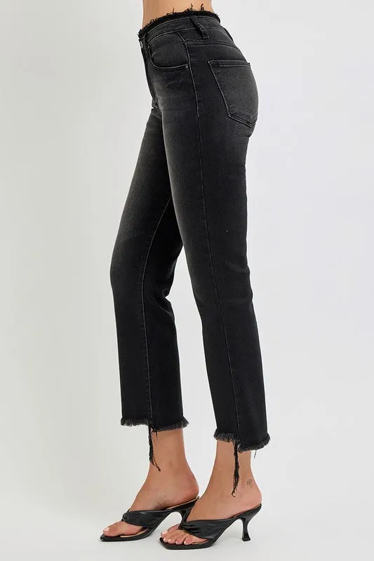 RISEN Raw Hem Cropped Flared Leg Black Washed Denim Jeans