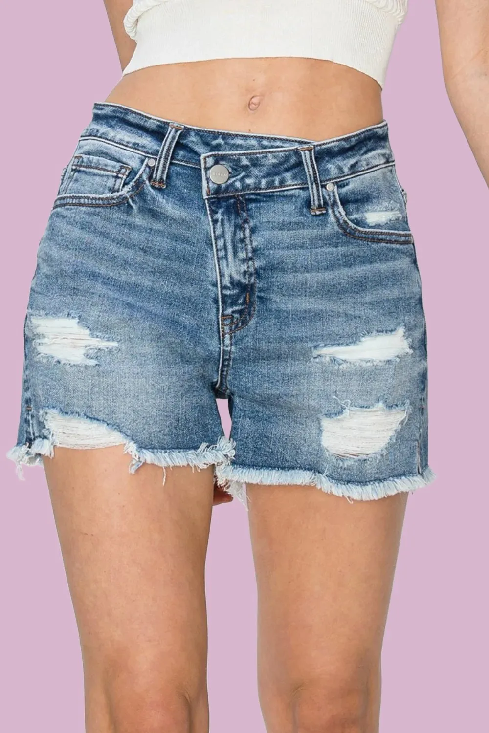 RISEN Stepped Waist Frayed Denim Shorts