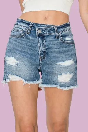 RISEN Stepped Waist Frayed Denim Shorts