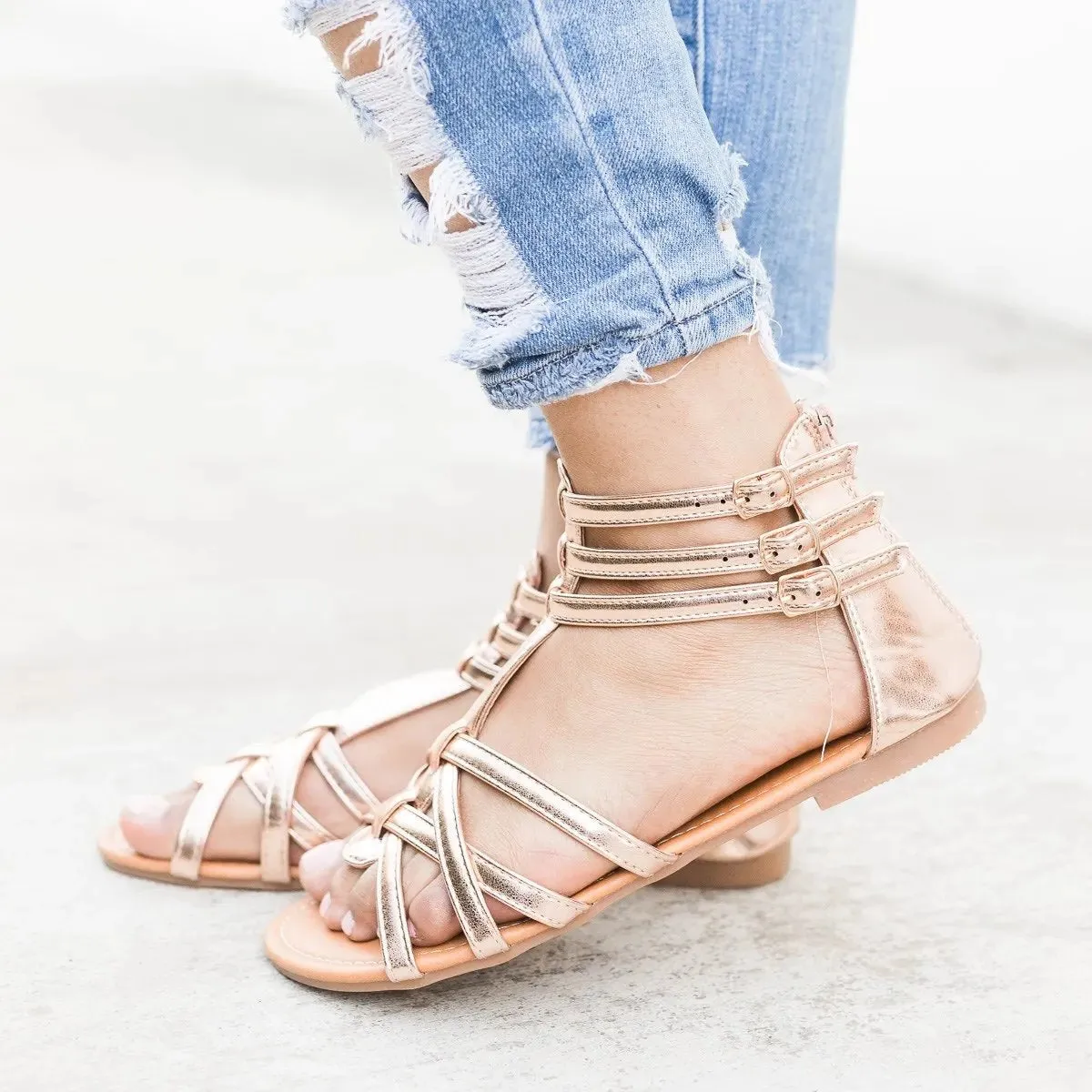 Strappy Gladiator Criss-cross Front Back Zippers Sandals