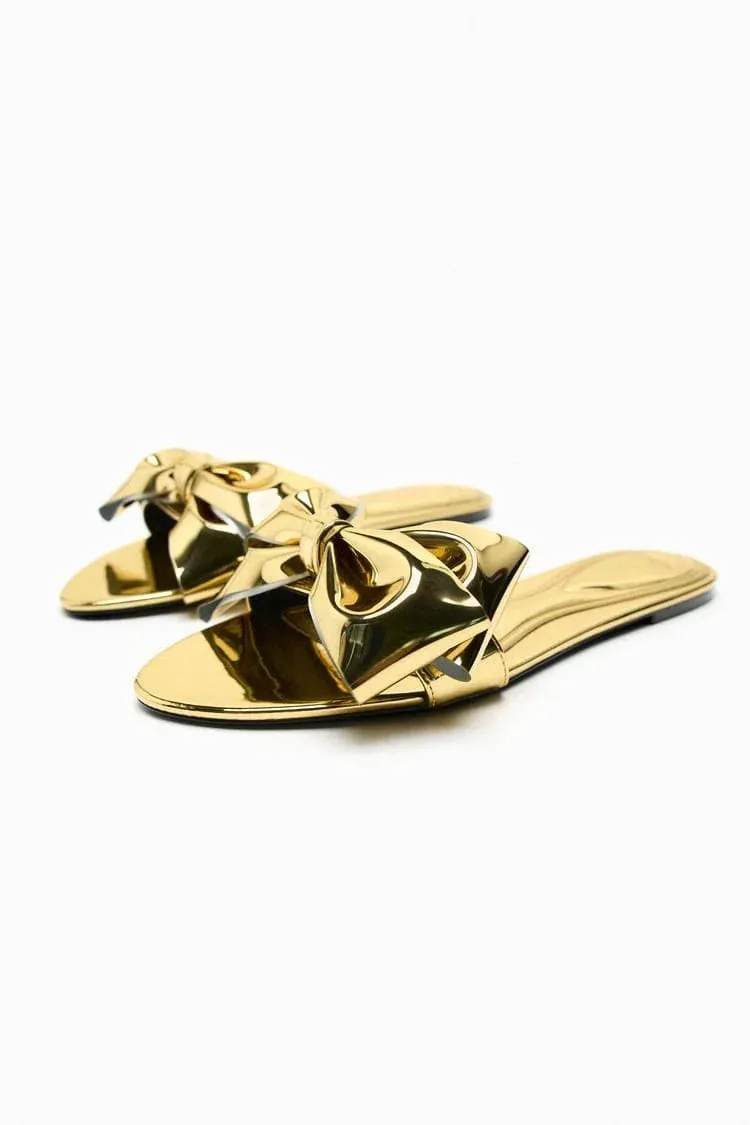 ZARA FLAT SANDALS WITH BOW - GOLDEN